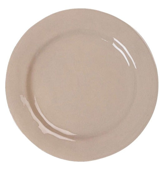 A plain, taupe-hued Juliska Puro Taupe Collection ceramic plate with no food on it.