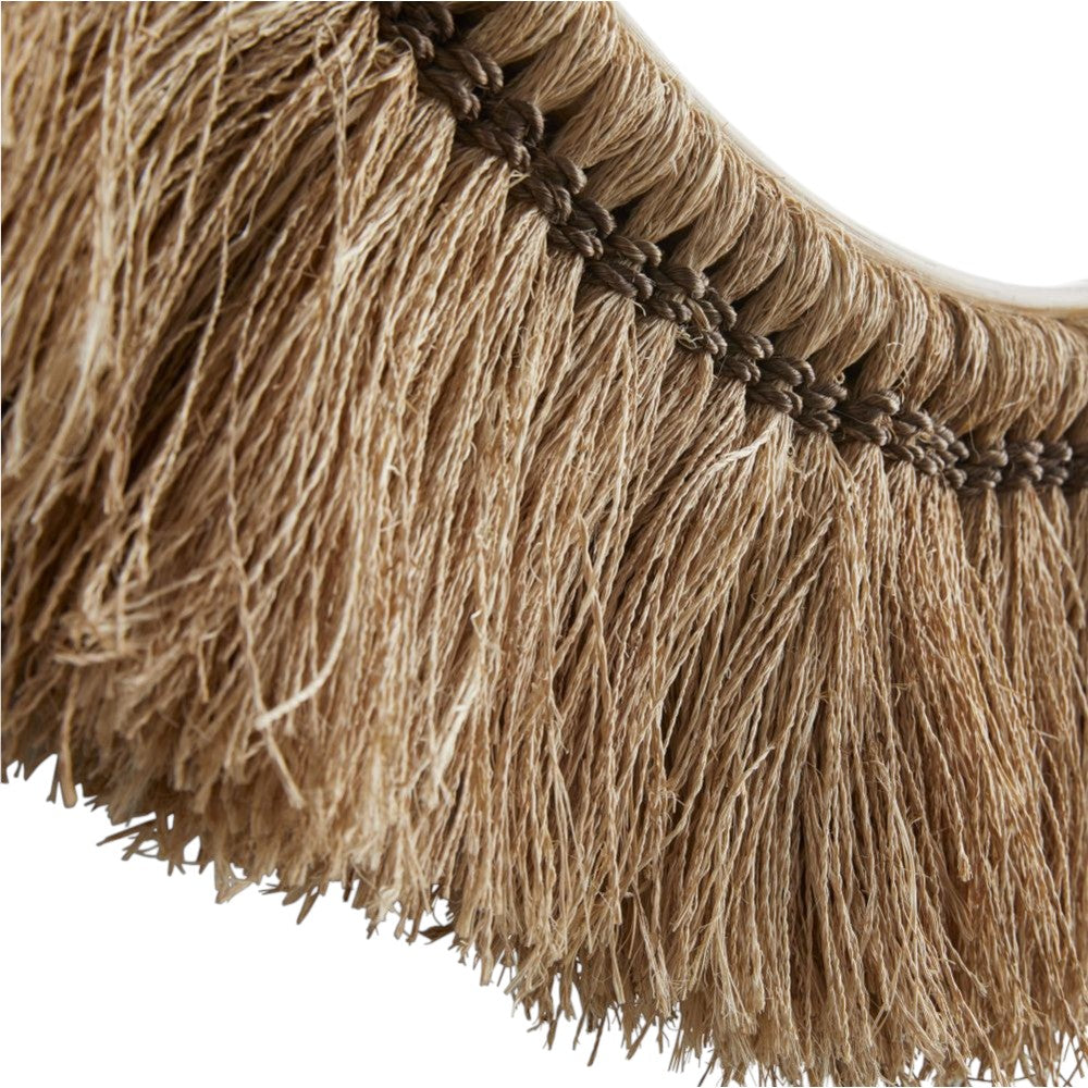 Close-up of the Kai Mirror in Natural, 41"Dia, showcasing tightly woven brown and tan abaca fibers arranged in a fringe pattern similar to Amish brooms.
