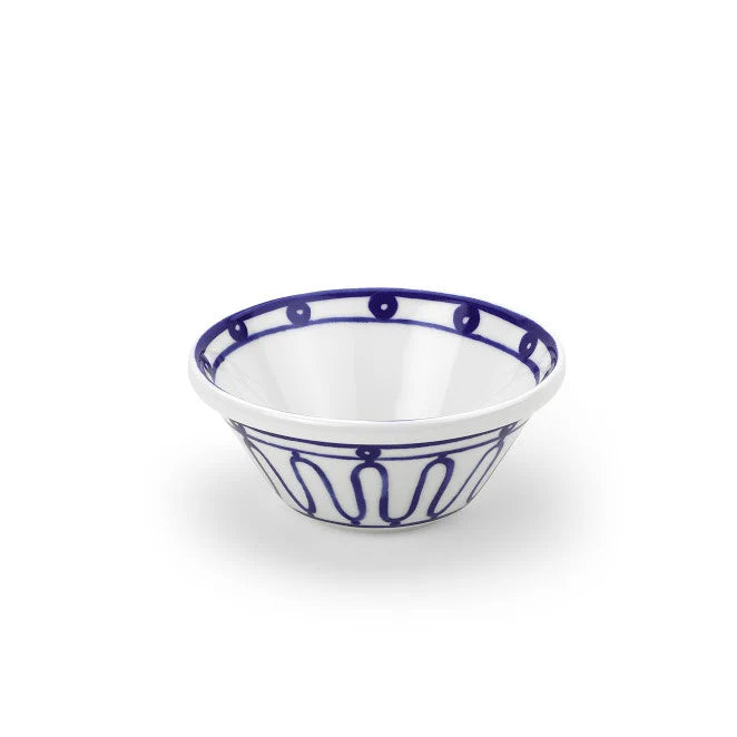 The Themis Z Kyma Blue Collection white ceramic bowl features harmonious blue geometric and dot patterns inspired by the Greek Aegean Sea, shown here against a plain white background.