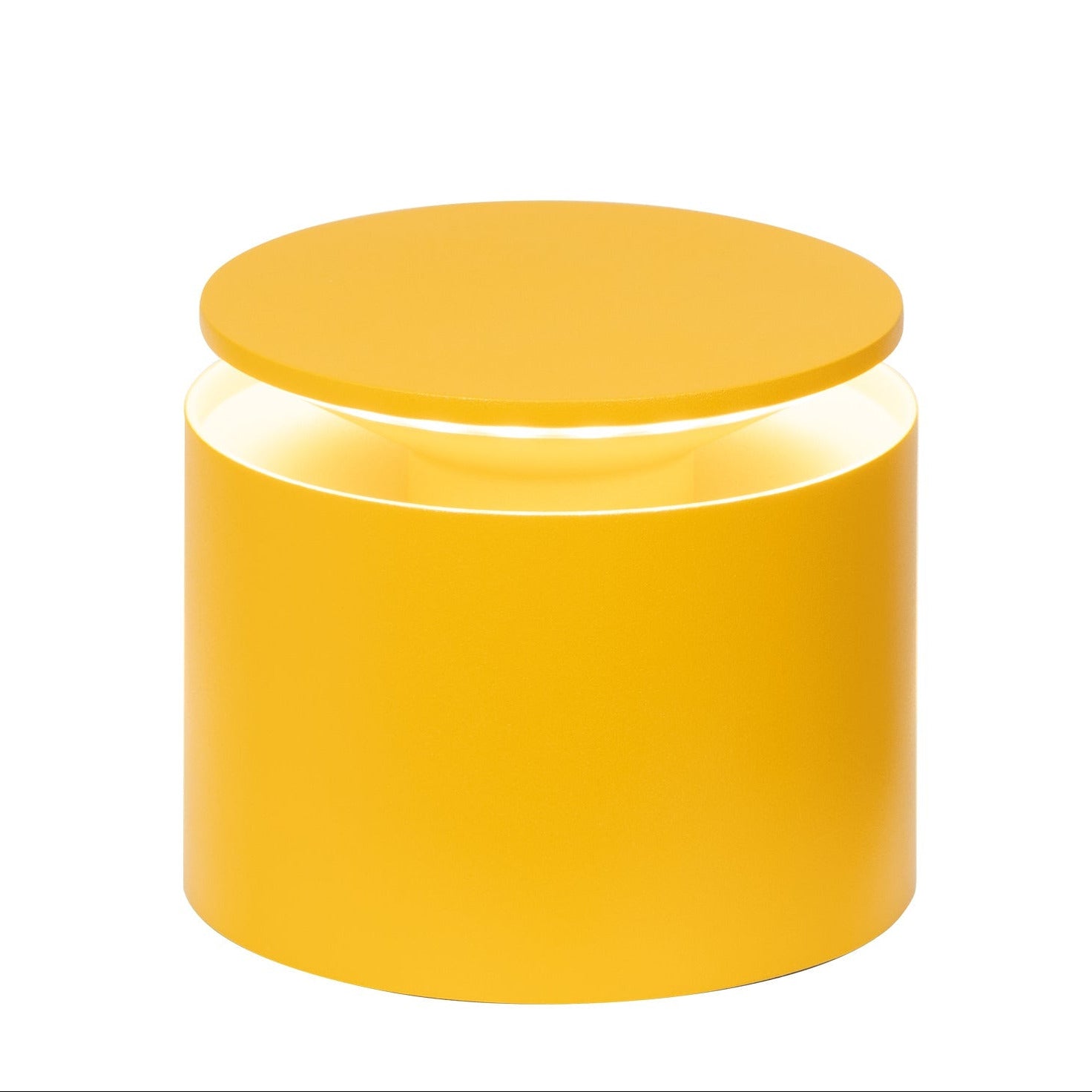 The Zafferano PushUp Pro Lamp Collection features a modern, round yellow cordless table lamp with a cylindrical base and flat circular top, emitting light from the gap between the base and top.