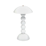 The Addison Ross Bobbin LED Cordless Lamp features a modern white dome shade and four stacked spheres on a rounded base—ideal for bringing stylish lighting to sideboards or alfresco dining tables.