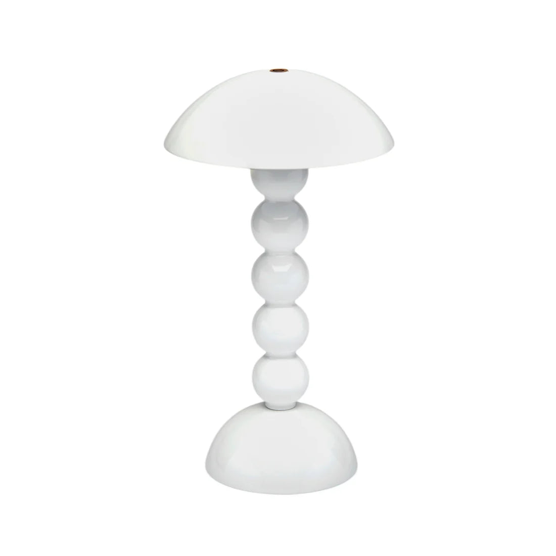 The Addison Ross Bobbin LED Cordless Lamp features a modern white dome shade and four stacked spheres on a rounded base—ideal for bringing stylish lighting to sideboards or alfresco dining tables.