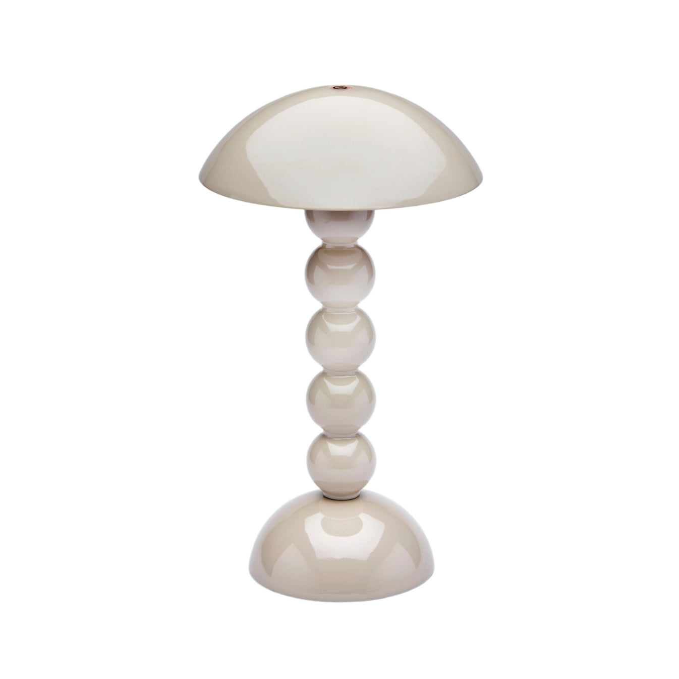 The Addison Ross Bobbin LED Cordless Lamp is a beige portable light featuring a dome-shaped shade and a base of four stacked spheres on a rounded bottom.