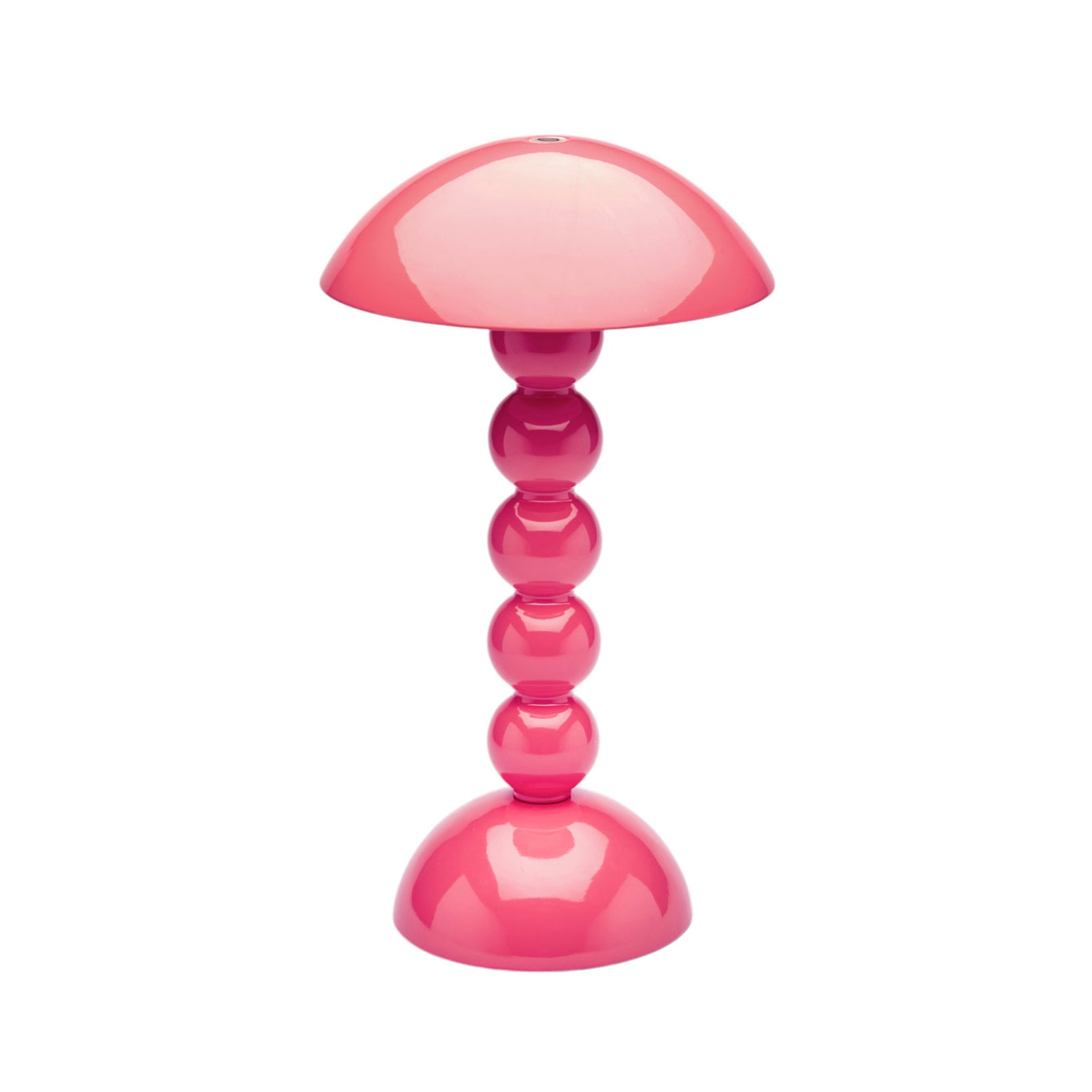The Addison Ross Bobbin LED Cordless Lamp features a pink, portable design with a dome-shaped shade and stacked spherical base, adding charm to any space.
