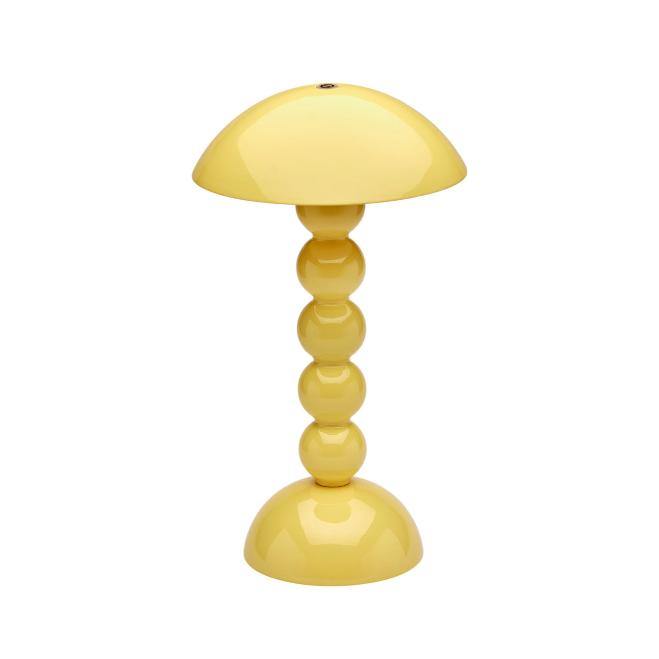 The Addison Ross Bobbin LED Cordless Lamp features a glossy yellow finish, a dome-shaped shade, and a base of stacked spheres in a distinctive bobbin shape.