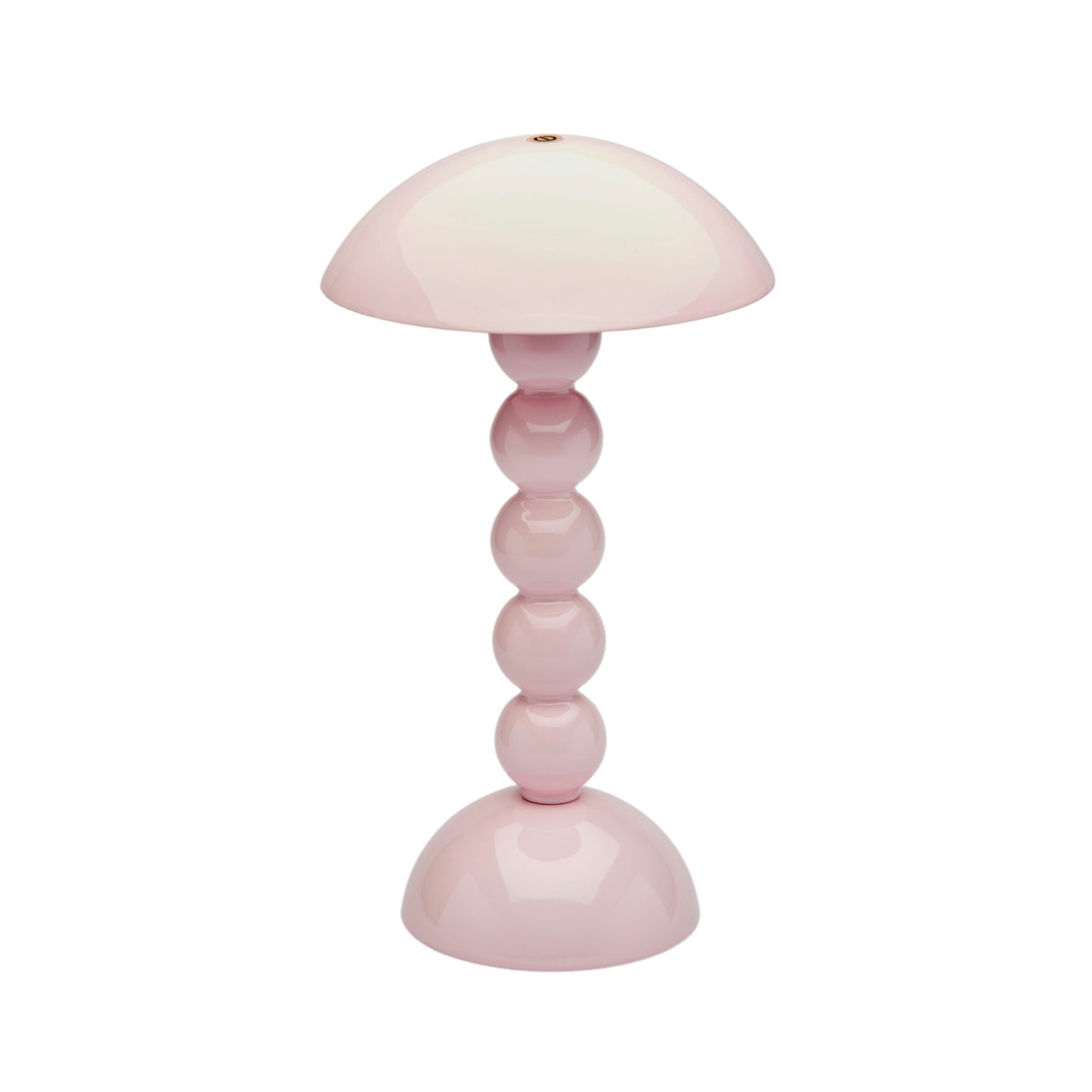 The Addison Ross Bobbin LED Cordless Lamp is a pink portable light with a dome-shaped shade, stacked spherical base inspired by bobbin lamps, and a glossy finish.