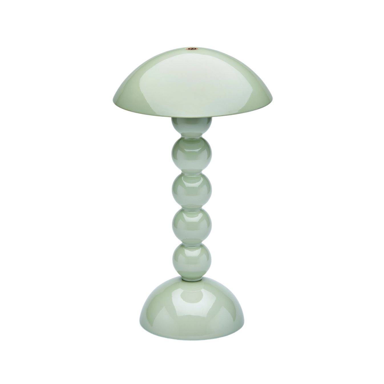 The Addison Ross Bobbin LED Cordless Lamp features a modern portable design with a dome-shaped shade and four stacked sphere base, all finished in glossy pale green.