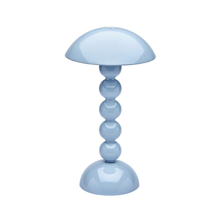 The Addison Ross Bobbin LED Cordless Lamp features a glossy light blue finish, a dome-shaped shade, and a base with stacked spherical segments.