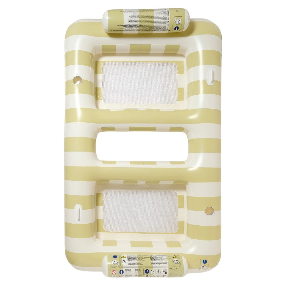 The SUNNYLiFE Luxe Twin Hammock Float Casa Sand Stripe features beige and white stripes, two mesh windows, and headrests at both ends—ideal for relaxing Aussie-style or lounging by Sydney beaches.