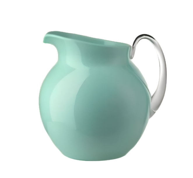 A light blue acrylic pitcher from the Mario Luca Giusti Palla Collection, featuring a curved handle and exuding a modern antique aesthetic, is elegantly presented against a plain white background.