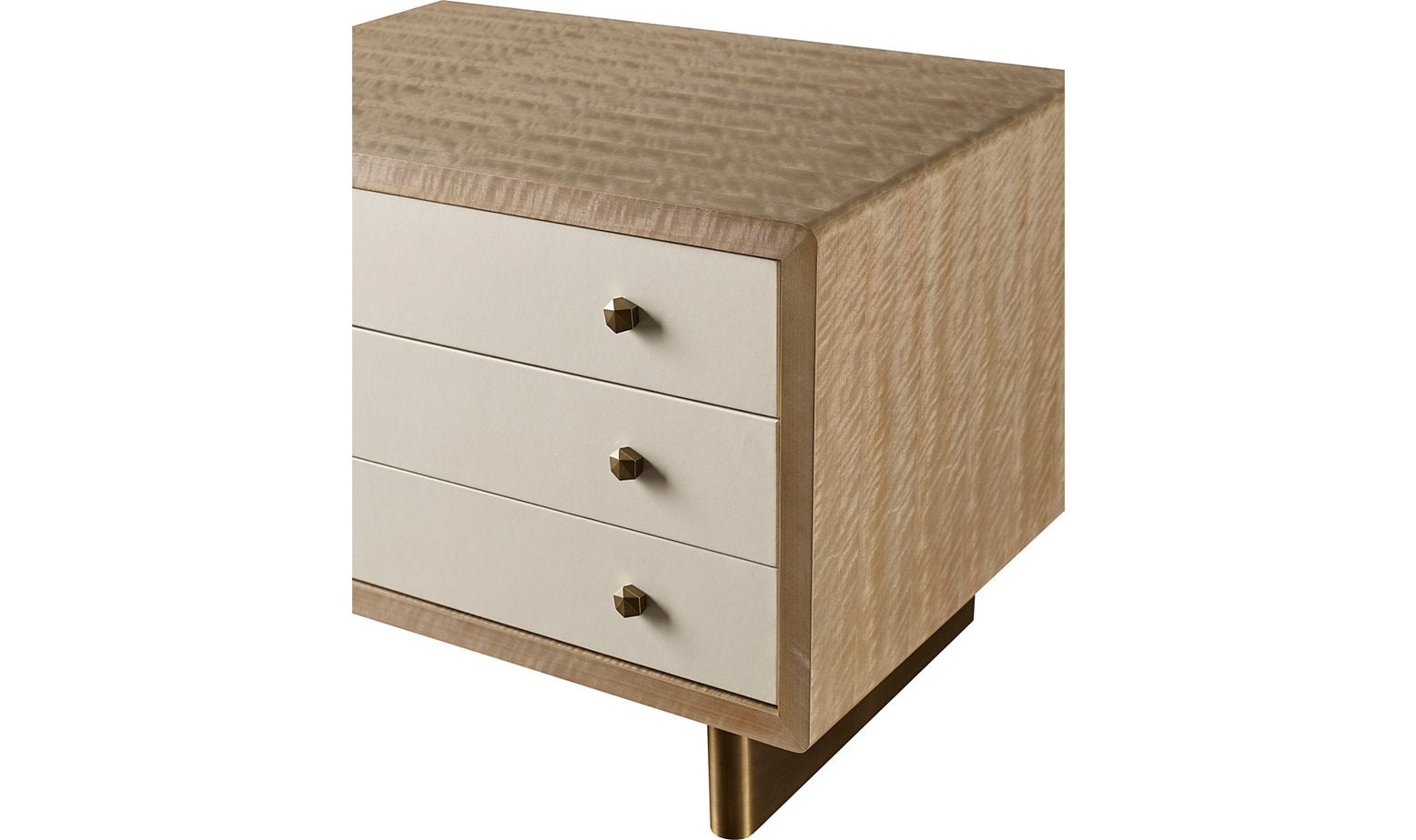 The Waterfall Nightstand features a textured beige surface, elegant gold handles, and a single sturdy leg at the base. The nightstand's design is complemented by its waterfall walnut finish, adding a touch of sophistication to any bedroom decor.