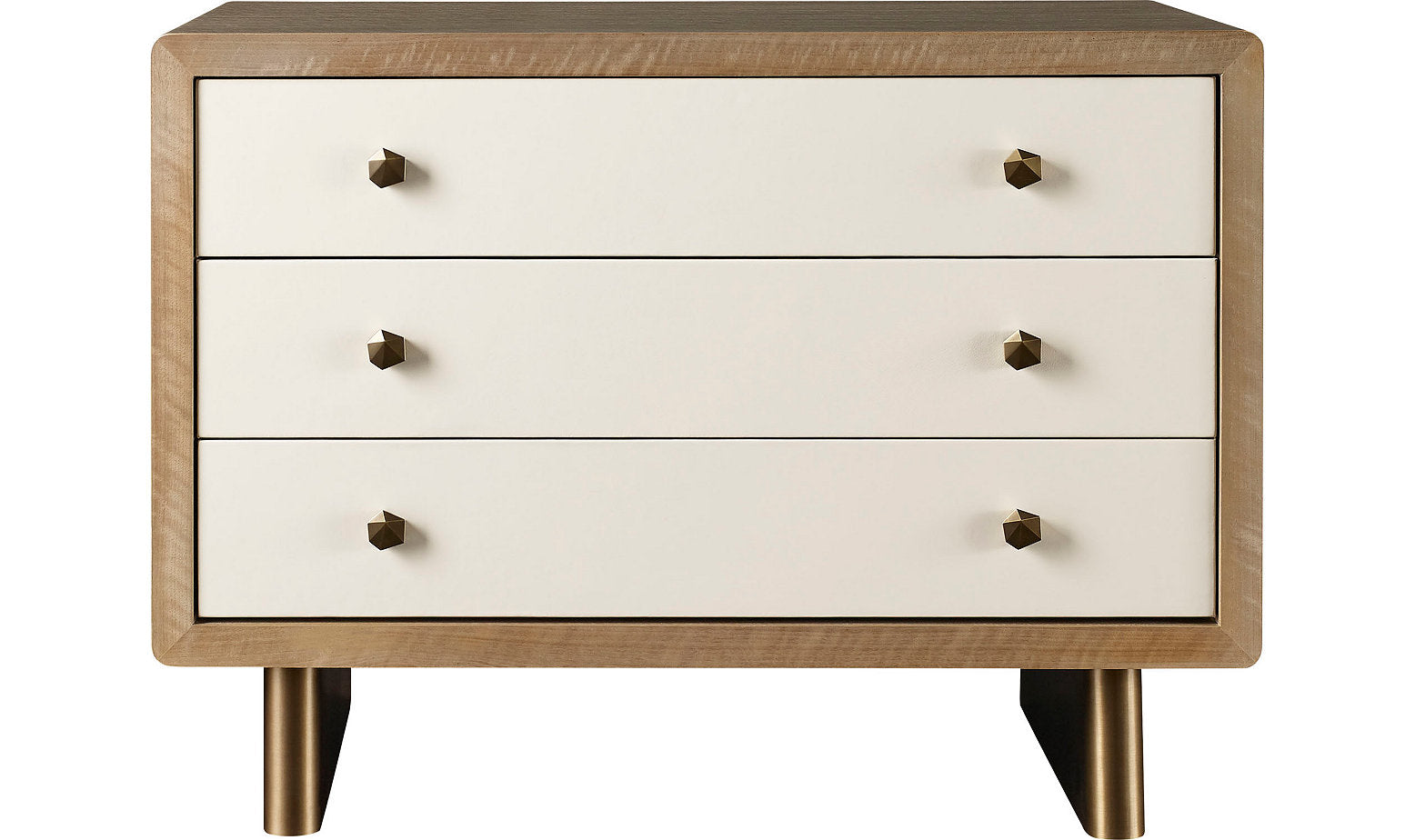 The Waterfall Nightstand is designed with a wooden dresser frame, featuring three white drawers adorned with brass knobs and supported by four short brass legs.