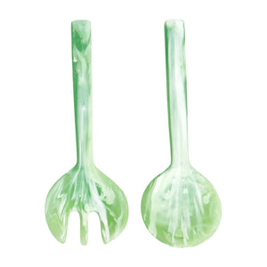 Two pieces from the Mint Resin Serveware Collection—a forked and a spoon-ended server—feature green and white marbled resin. Stylish, shatter-resistant, and perfect for functional home decor, they're displayed side by side on a white background.