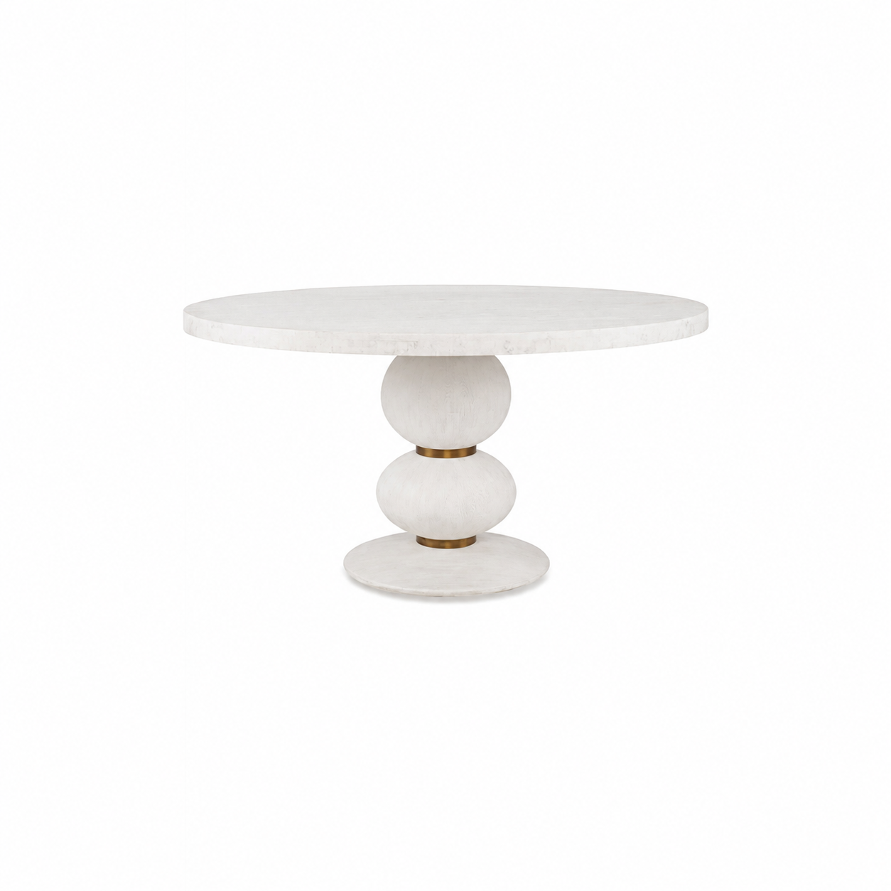 The Misty Country Dining Table features a round white top and a sculptural hand-turned base with three stacked, rounded shapes, showcasing minimalist Italian design.