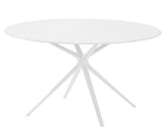 The Moai Outdoor Round Dining Table showcases a smooth white circular top and four angled legs converging at the center, making it ideal for stylish outdoor dining.