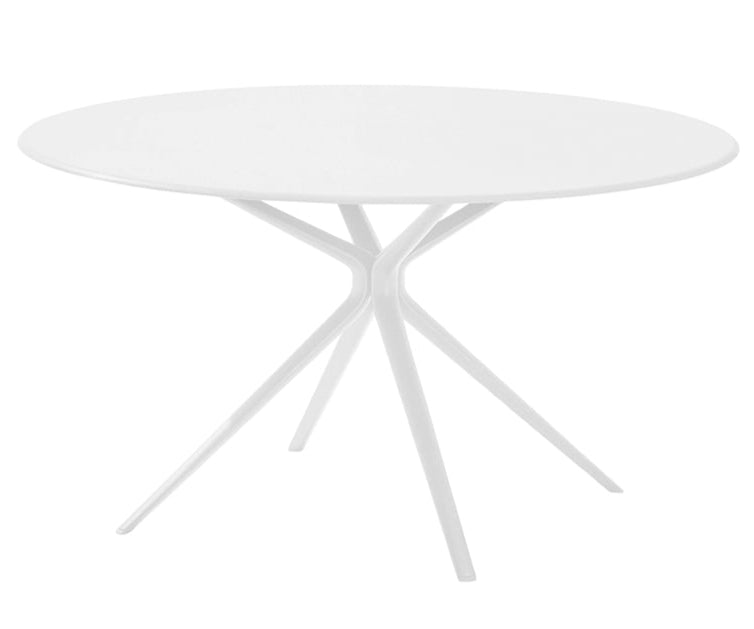 The Moai Outdoor Round Dining Table showcases a smooth white circular top and four angled legs converging at the center, making it ideal for stylish outdoor dining.