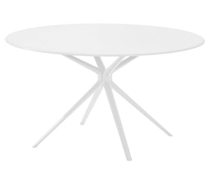 The Moai Outdoor Round Dining Table showcases a smooth white circular top and four angled legs converging at the center, making it ideal for stylish outdoor dining.