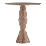 The Mojave End Table blends modern desert style with elegance, showcasing a sculpted pedestal base and natural brown marble veining in a round silhouette.