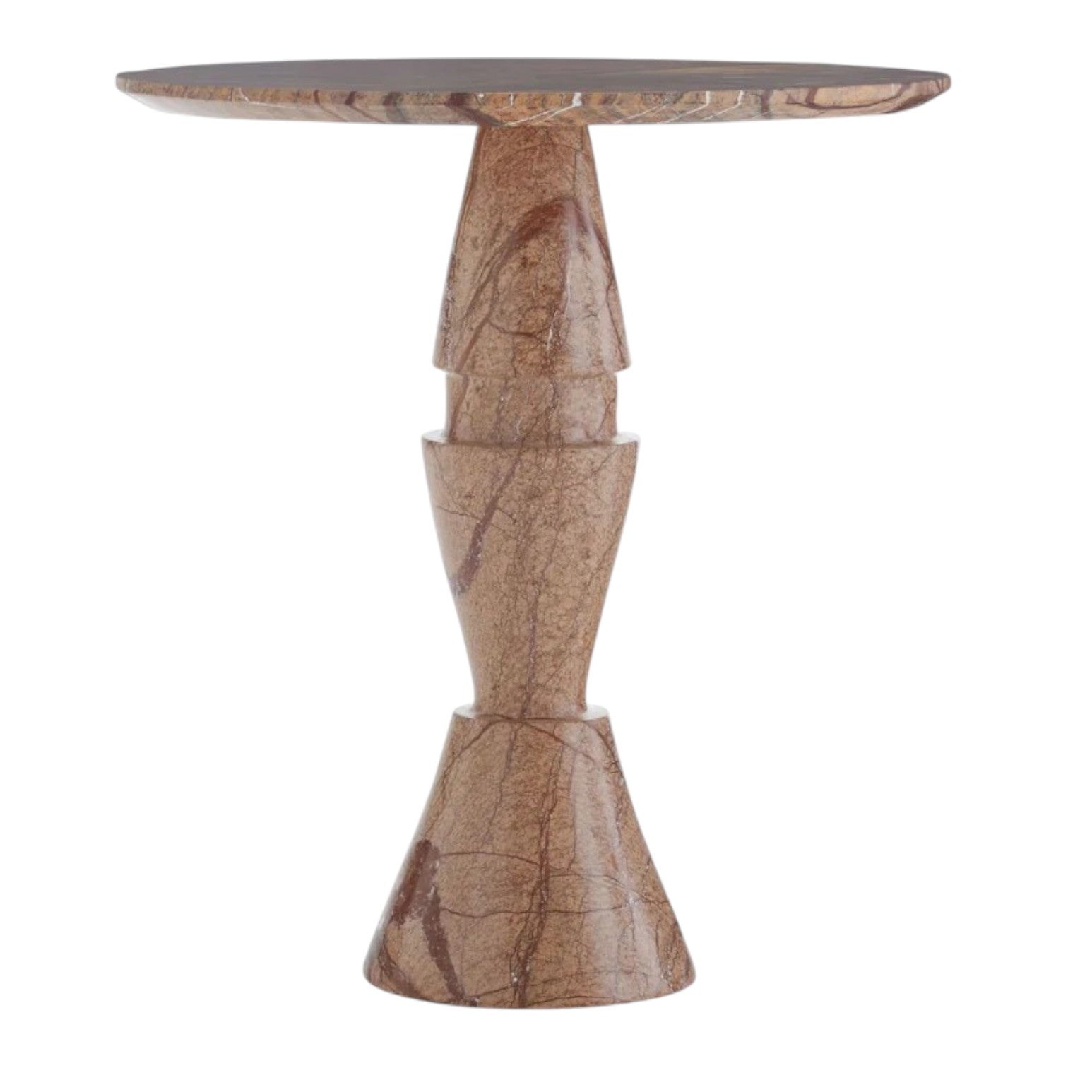 The Mojave End Table blends modern desert style with elegance, showcasing a sculpted pedestal base and natural brown marble veining in a round silhouette.