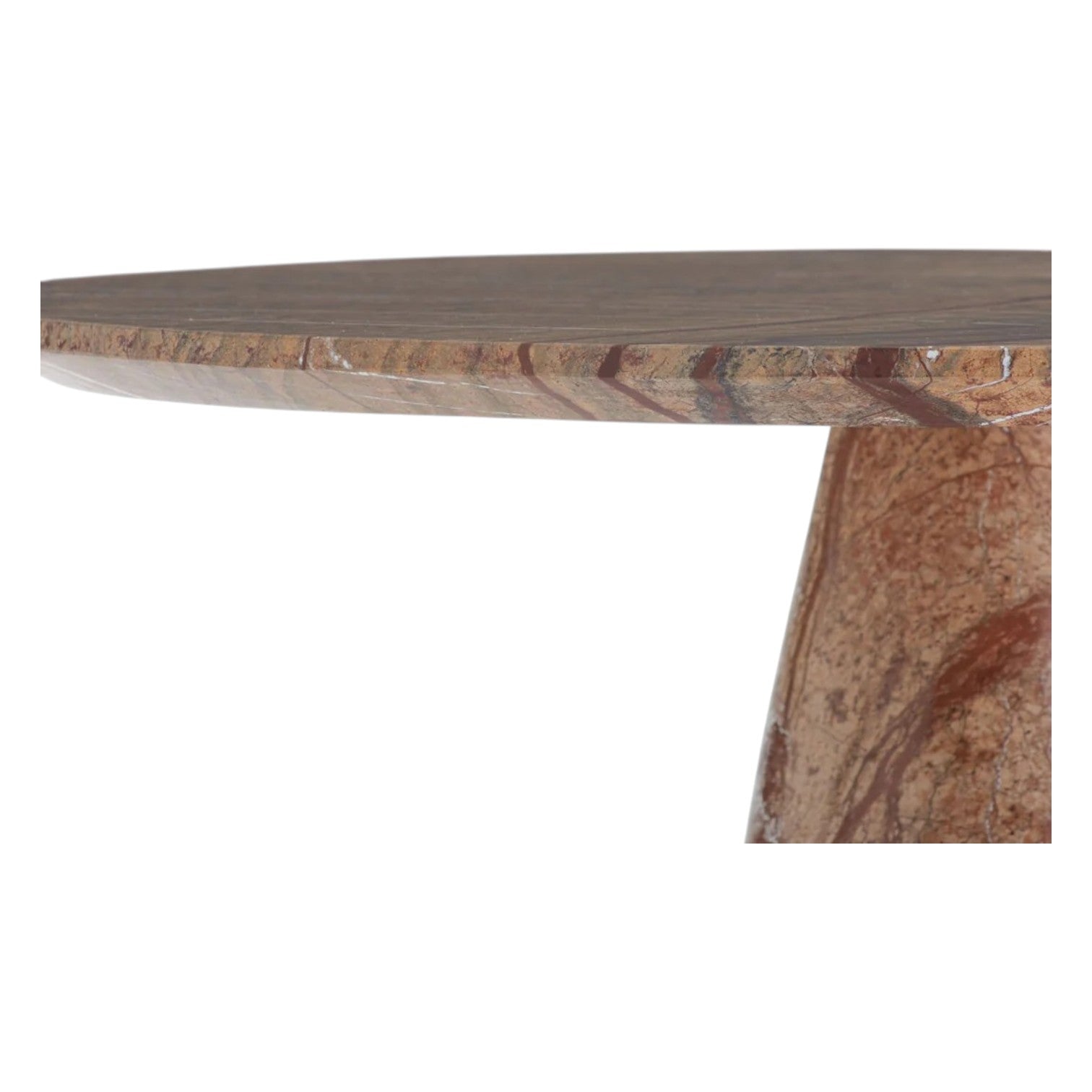 A close-up of the Mojave End Table highlights its round brown marble top and pedestal base, featuring natural stone patterns that embody a modern desert aesthetic.