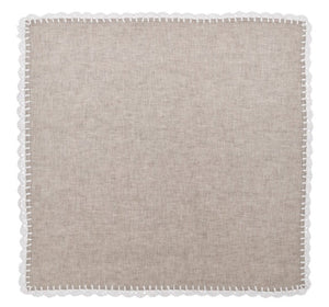 The Kim Seybert Shell Edge Napkin, Set of 4, features square beige organic linen napkins with decorative lace trim around the edges, adding elegance to your table setting.