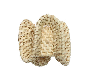 The Kim Seybert Ruffle Napkin Ring, crafted from light-colored natural fibers in a woven, looped design, is perfect as table decor or for pairing with coordinating baskets, shown isolated on a white background.