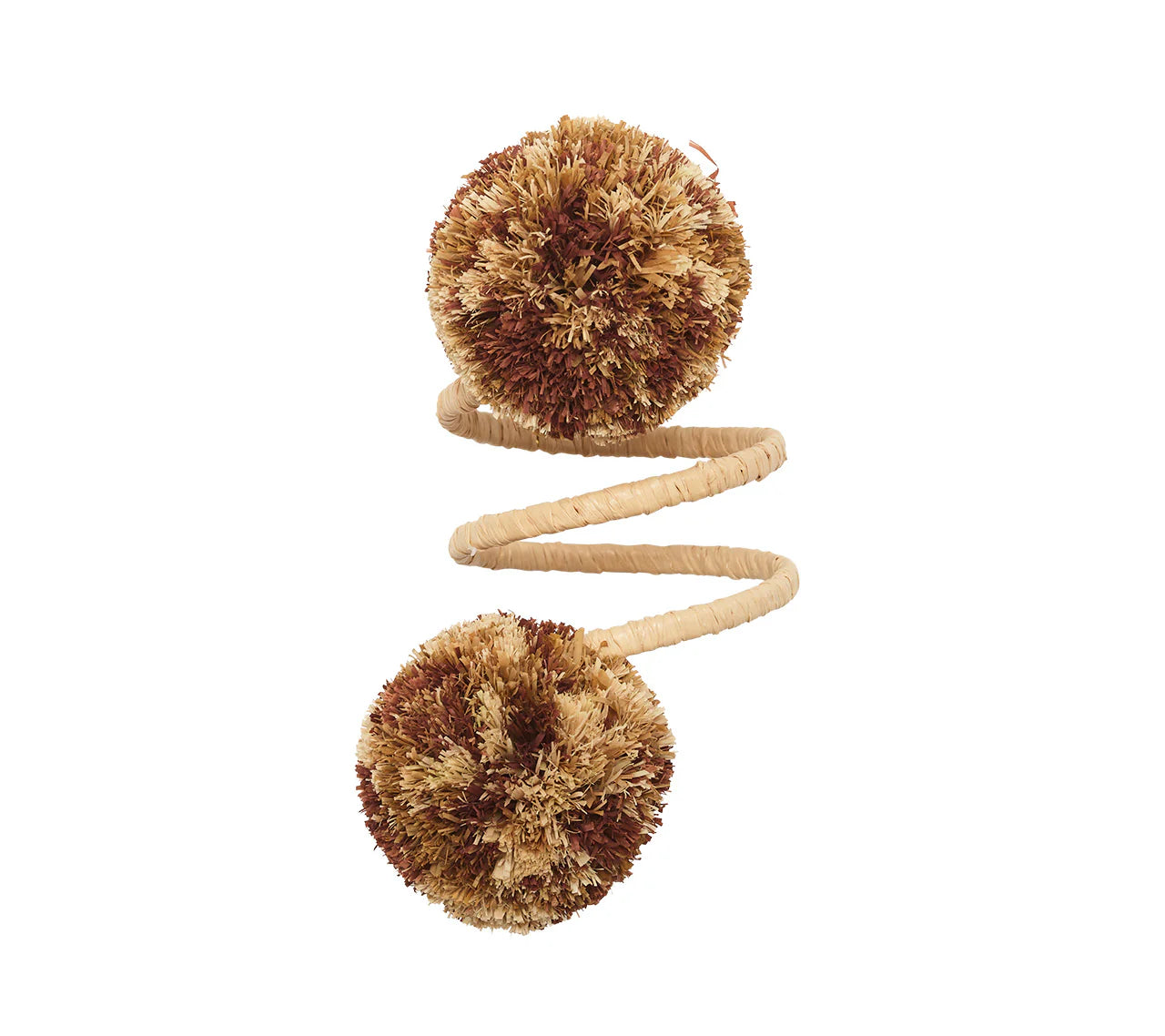 The Kim Seybert Casbah Napkin Ring features a coiled sisal rope with brown and cream bristle pom-poms at each end, offering organic elegance, shown against a white background.