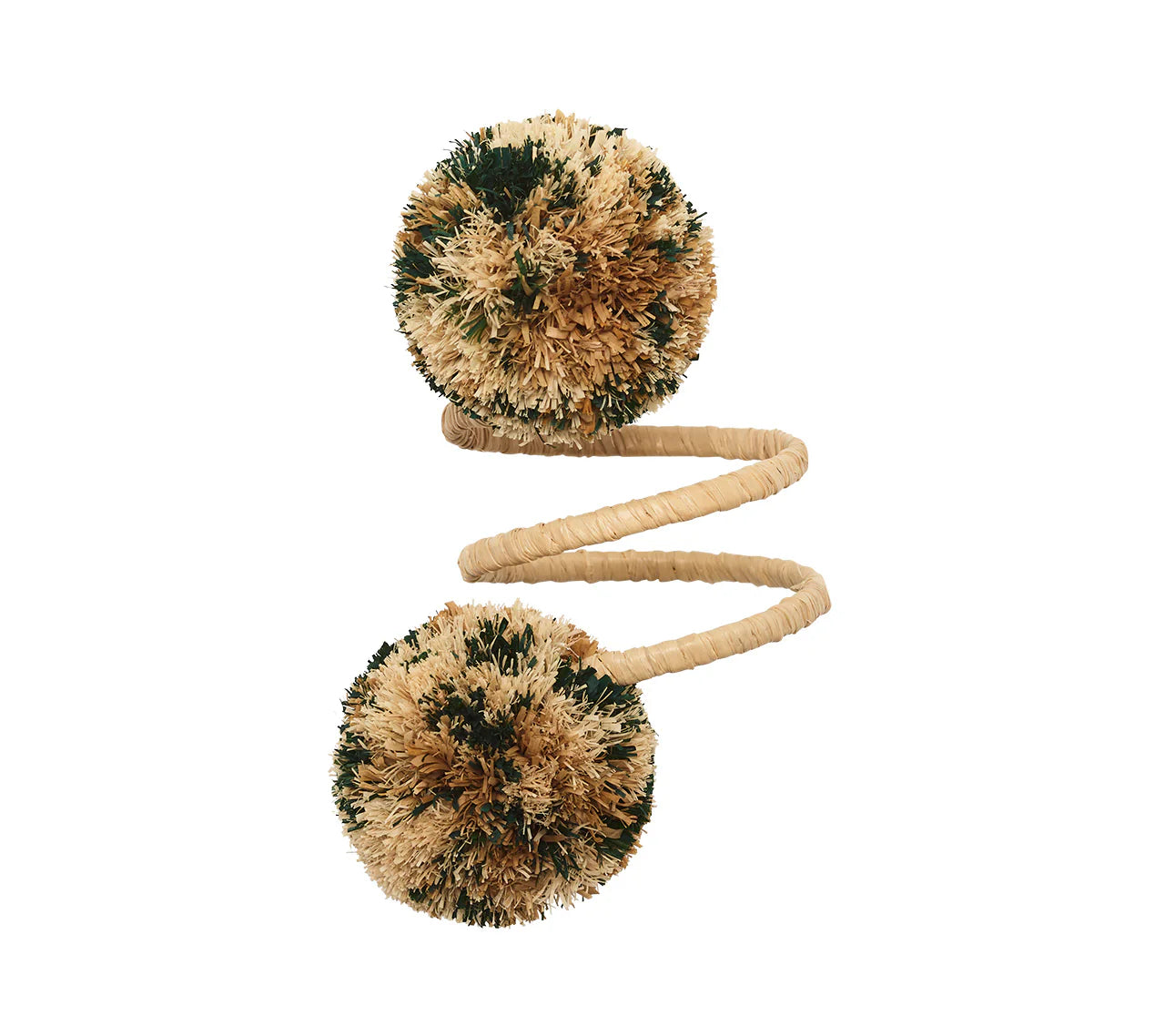 The Kim Seybert Casbah Napkin Ring features a coiled rope design with large tan and green pom-poms at each end, inspired by organic elegance, displayed on a white background.