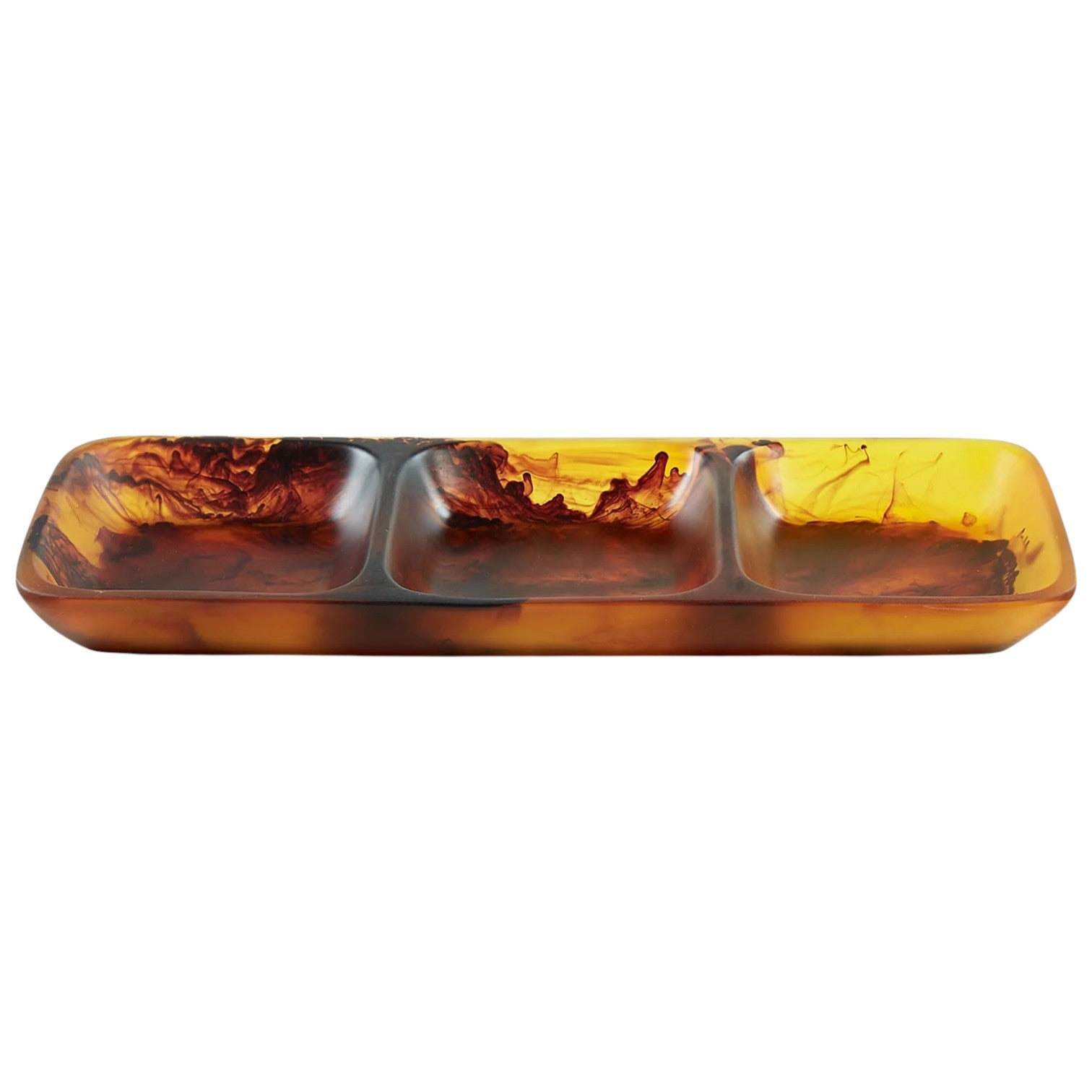 Part of the Tortoise Resin Serveware Collection, this rectangular three-section tray features a marbled amber and brown design—perfect as a striking serving piece or home decor. Shown on a white background.