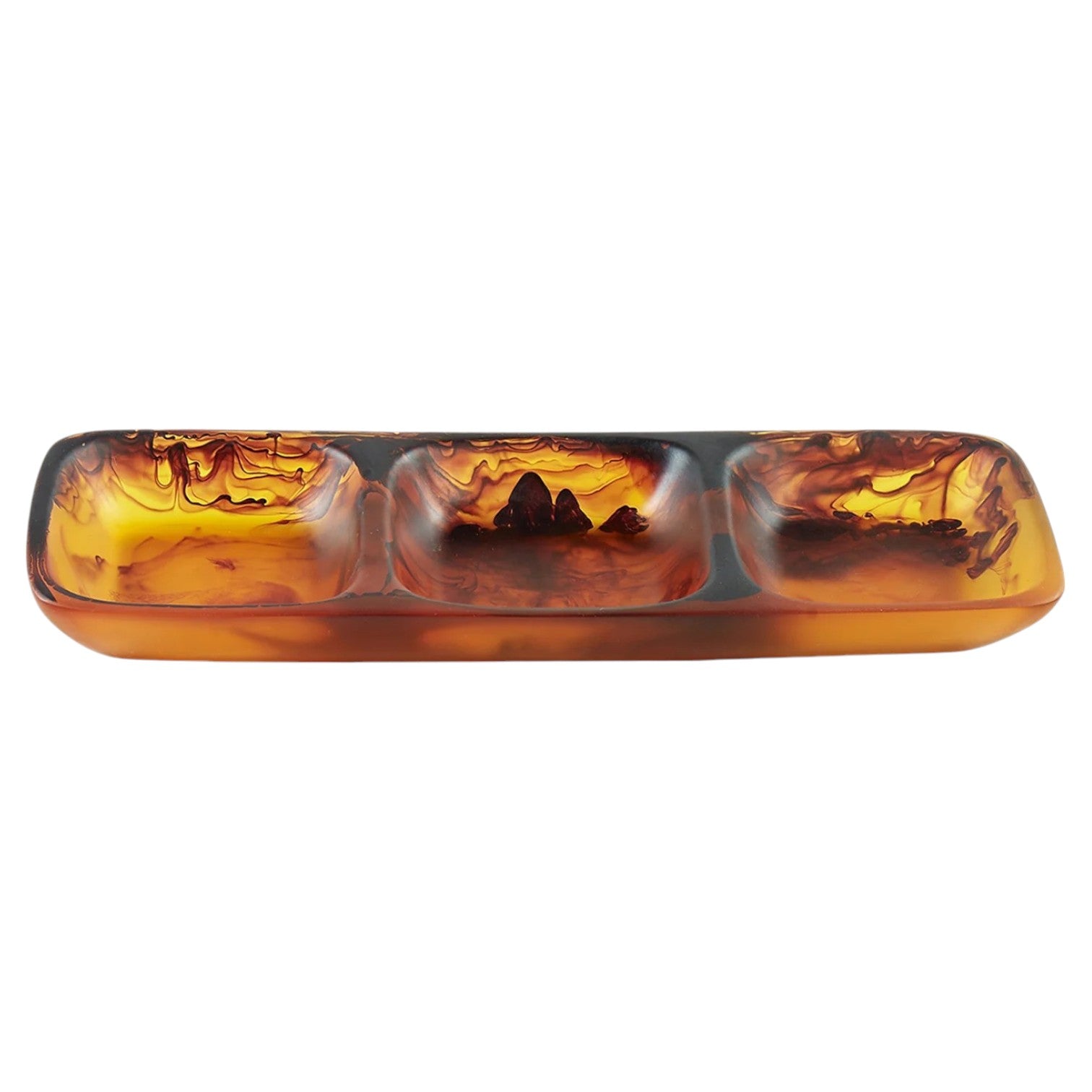 Part of the Tortoise Resin Serveware Collection, this rectangular amber dish features three compartments, a marbled tortoise pattern, and a glossy finish, making it an elegant addition to your home decor.