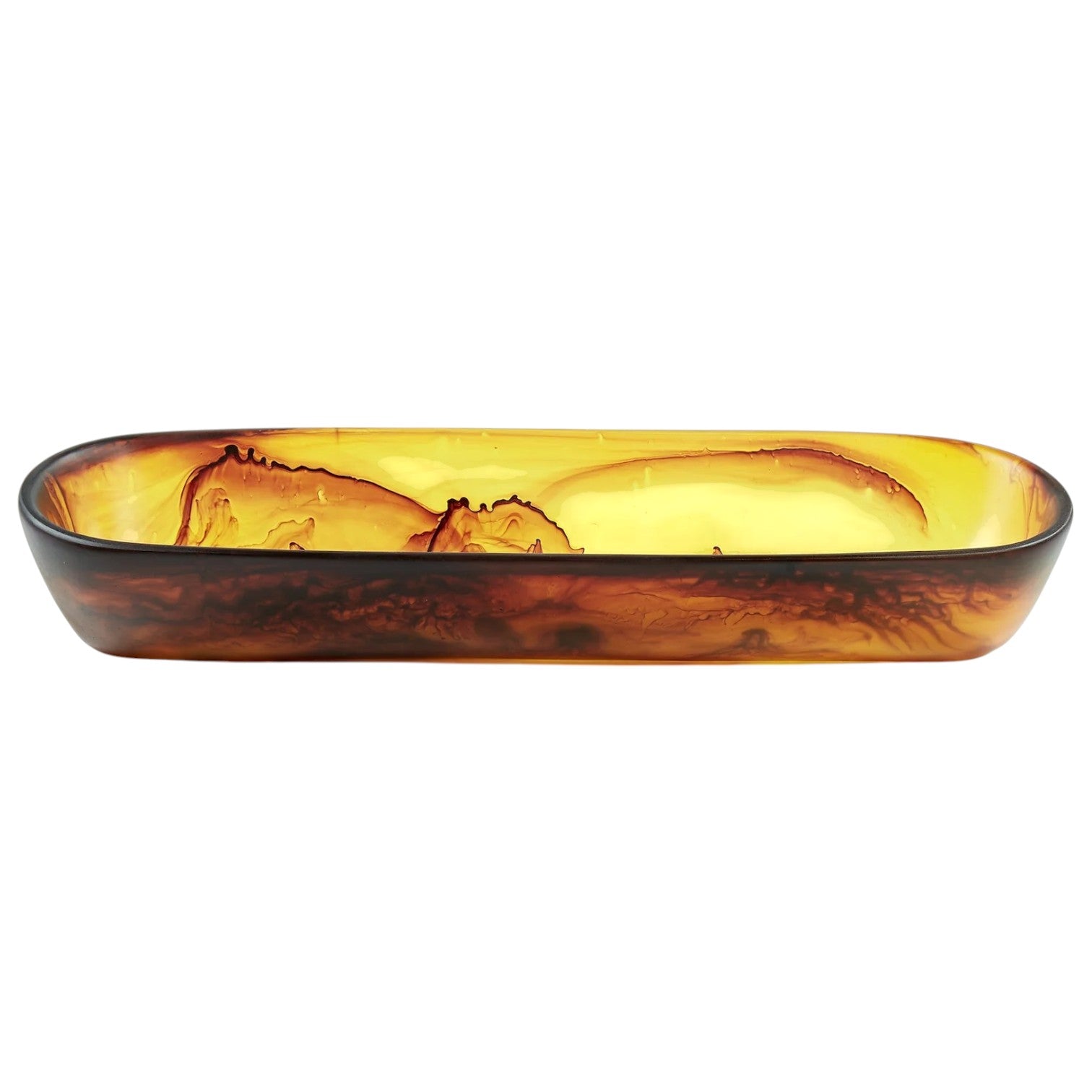 This elegant tray from the Tortoise Resin Serveware Collection features a rectangular amber design with rounded edges and a marbled pattern, shown against a white background.