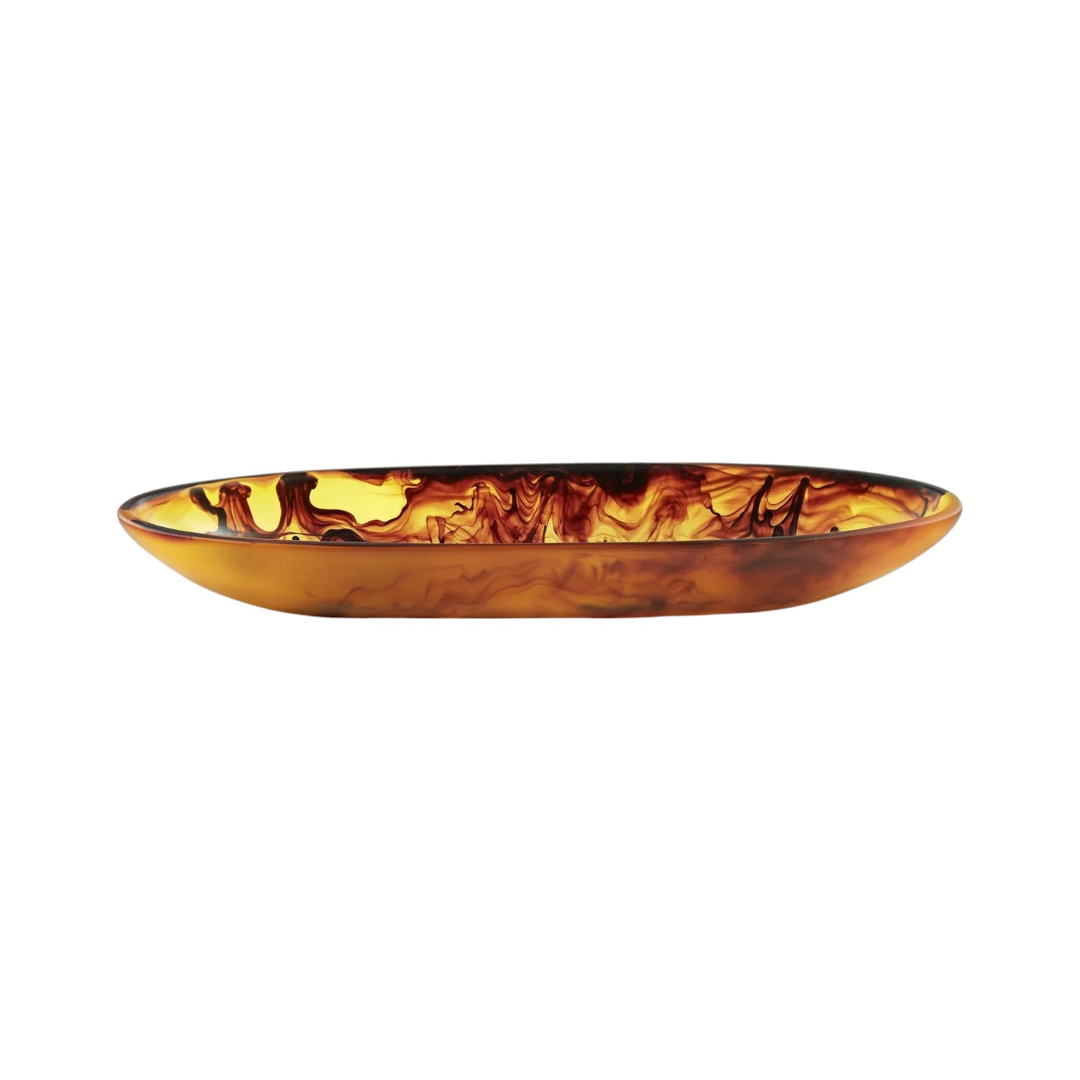 Part of the Tortoise Resin Serveware Collection, this oval plate features a marbled amber and brown design, ideal for serving or as a decorative accent. Shown on a white background.
