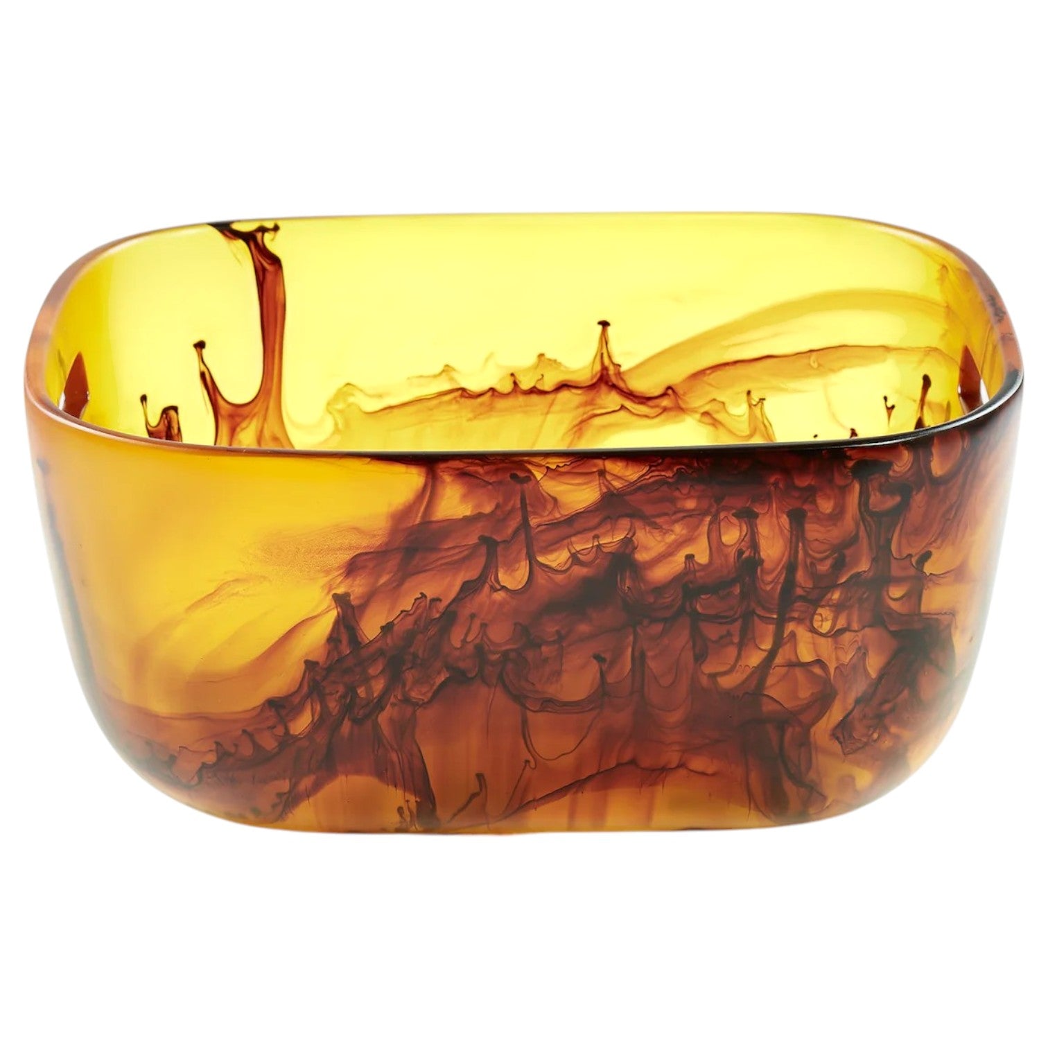 Rectangular amber bowl from the Tortoise Resin Serveware Collection, featuring swirling dark brown patterns—an eye-catching piece for serving or decor inspired by Nashi resinware artistry.
