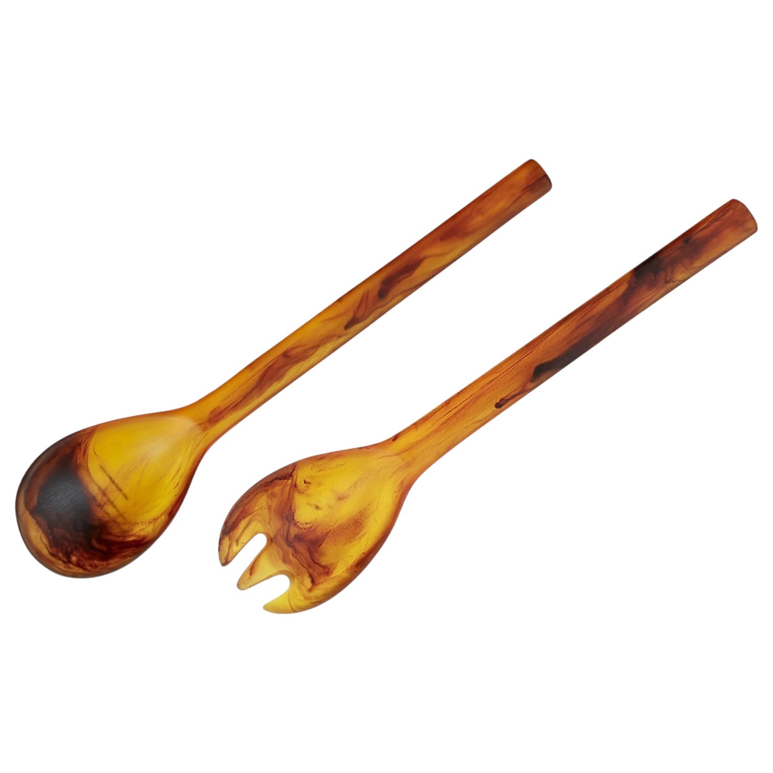 The Tortoise Resin Serveware Collection features a matching spoon and fork, each with marbled yellow and brown resin handles and heads—a stylish addition to your home decor, displayed on a white background.