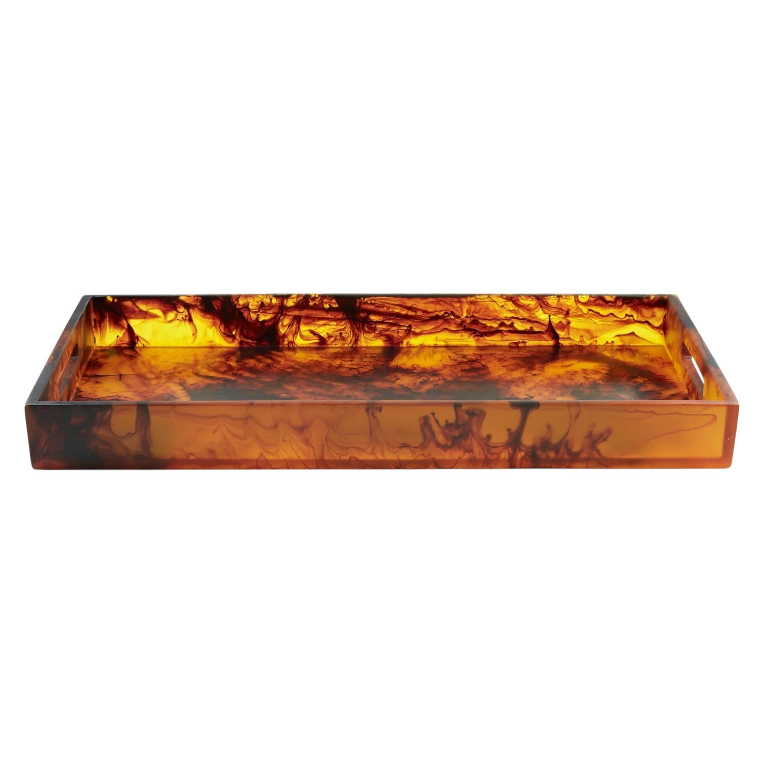 The Tortoise Resin Serveware Collection features a rectangular tray with a transparent amber base and swirling dark brown patterns inside; BPA-free for elegant serving on any table.