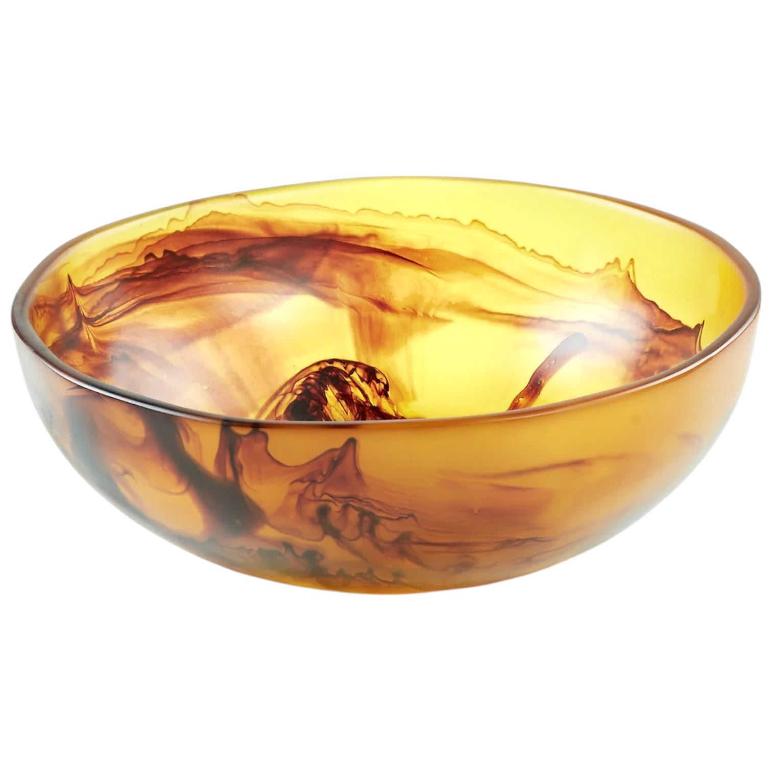 Featuring a yellow and brown marbled swirl, the Tortoise Resin Serveware Collection bowl brings Nashi-inspired elegance to your home decor. Shown here set against a white background.