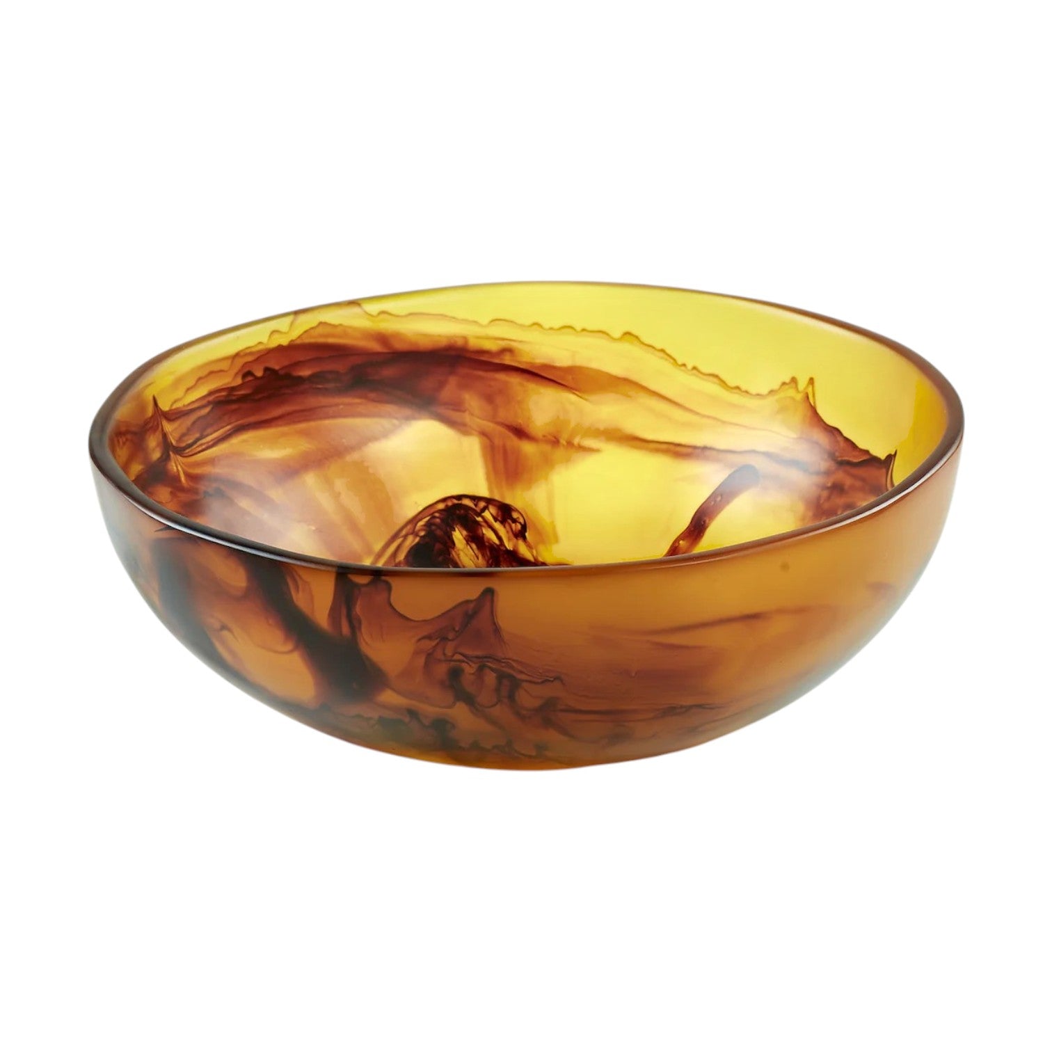 Part of the Tortoise Resin Serveware Collection, this amber-hued bowl with swirling brown patterns serves as both a stylish serving piece and decorative accent for any table or display.
