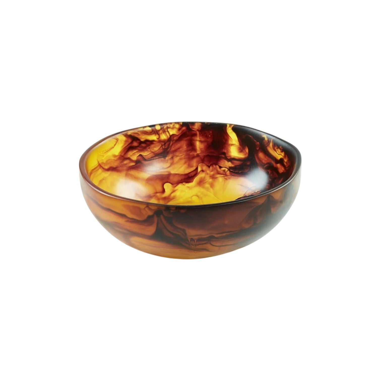 The Tortoise Resin Serveware Collection features a round resin bowl with a marbled amber, yellow, and brown pattern—ideal as a stylish accent or unique serving piece. Shown against a white background.