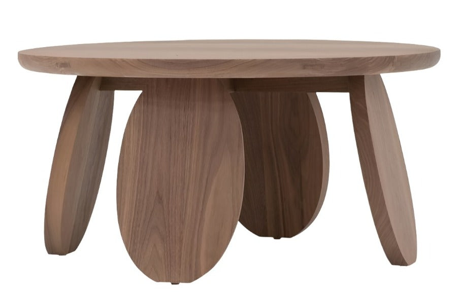 An Olive Round Table with a round top and three oval-shaped legs, evoking a playful nod to Abstract Expressionist design.