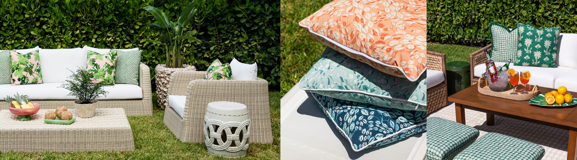 3 PHOTOS OF OUTDOOR FURNITURE AND DECOR WITH PINK, GREEN, ORANGE, AND BLUE ACCENTS