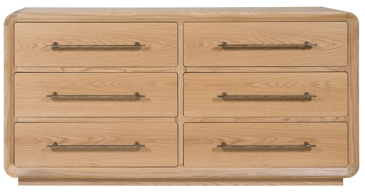 The Form Dresser is a light wood six-drawer chest with metal handles, offering ample storage. Its timeless design is shown in a front view against a plain background.