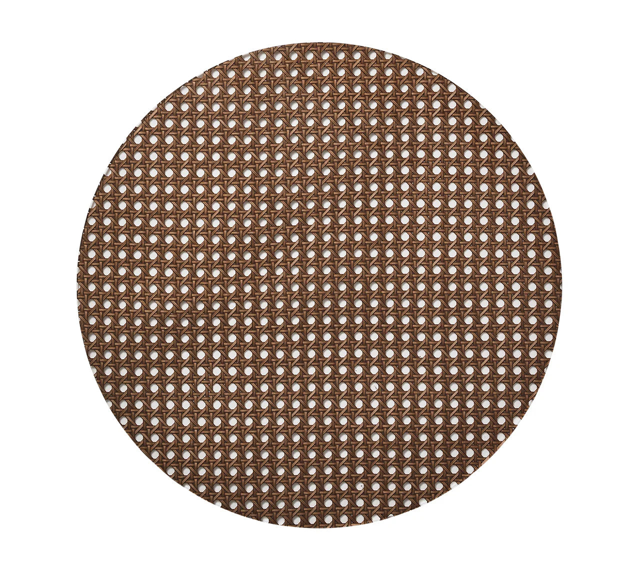 The Kim Seybert Reed Placemat is a round, brown woven design featuring an open hexagonal pattern, shown against a white background—ideal for outdoor entertaining.