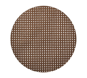 The Kim Seybert Reed Placemat is a round, brown woven design featuring an open hexagonal pattern, shown against a white background—ideal for outdoor entertaining.