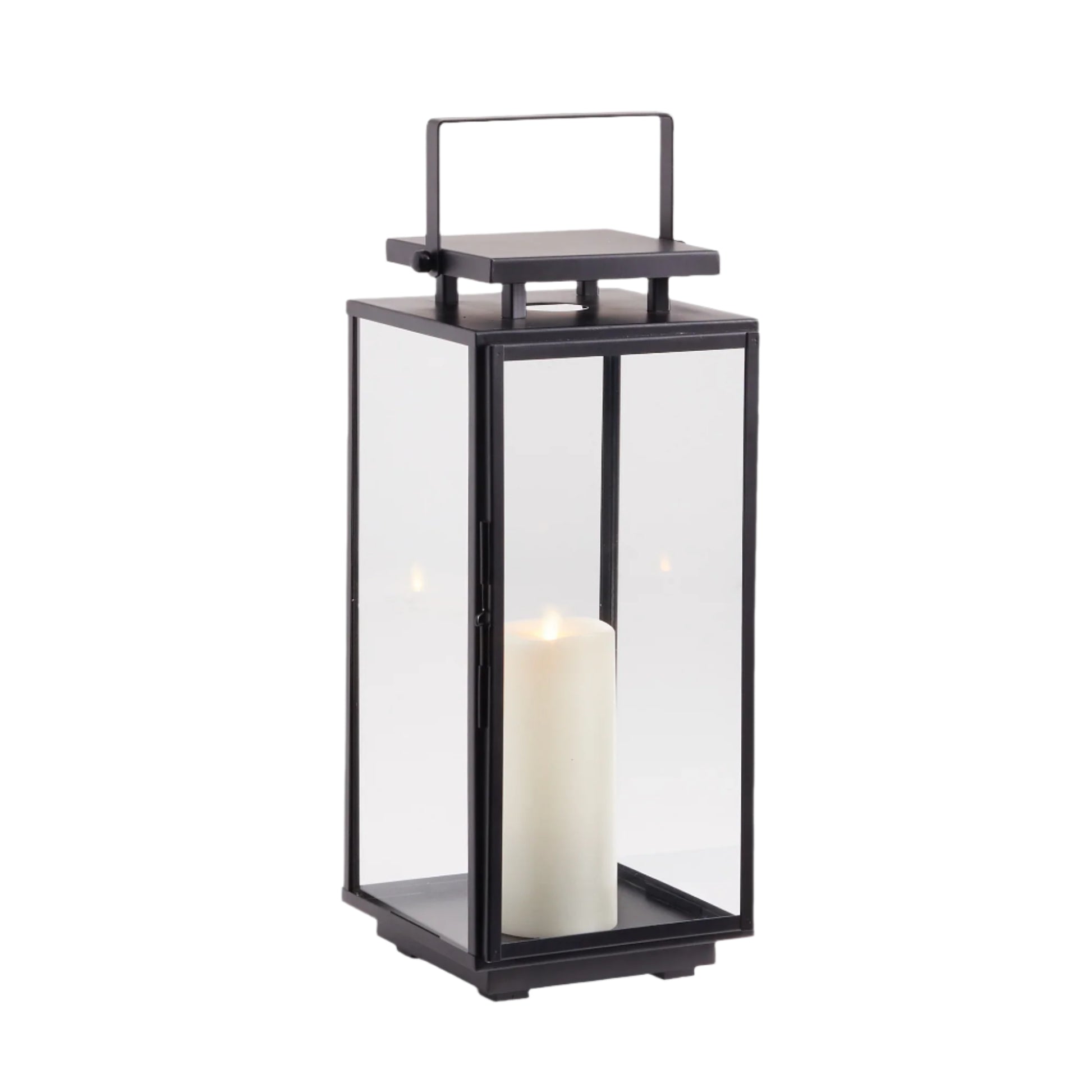 The Napa Alden Outdoor Lantern Small is a black metal and glass lantern with a handle, showcasing a glowing white pillar candle inside—ideal for stylish outdoor lighting.
