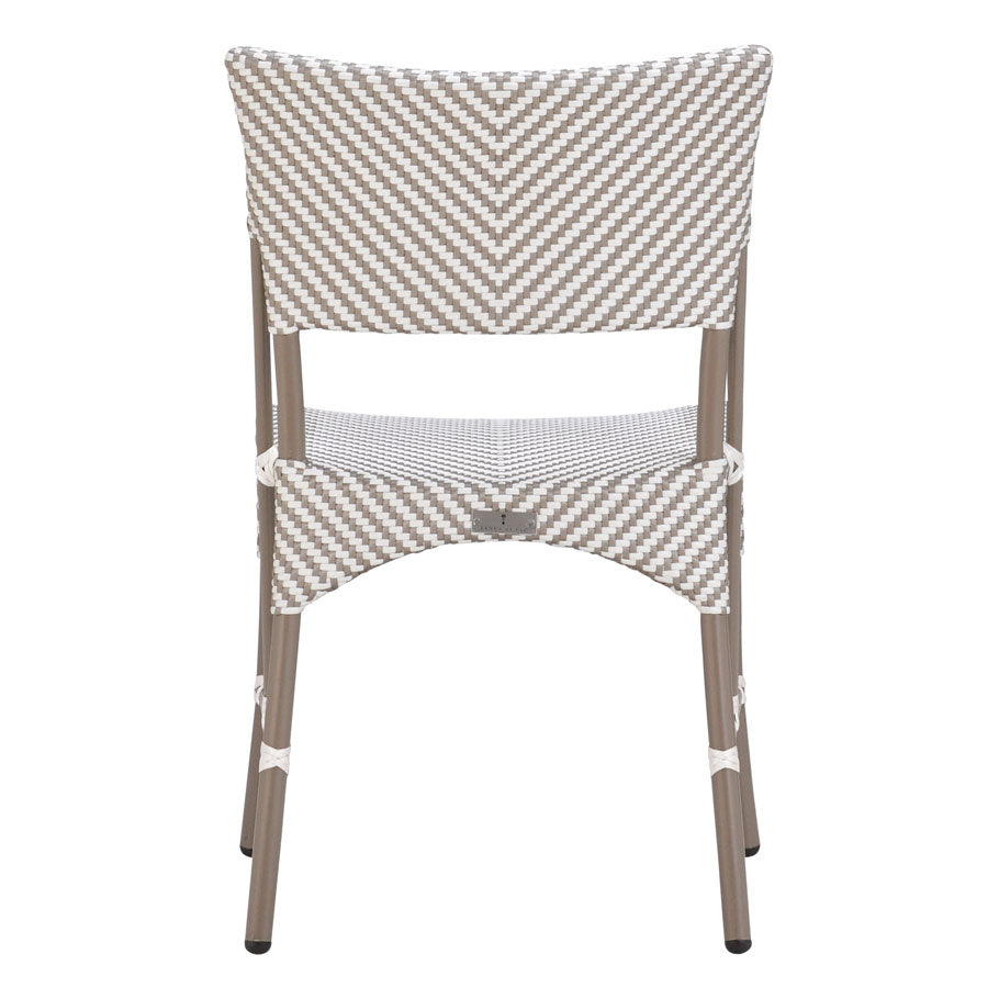 The Panini Side Chair features a beige and white chevron woven back, metal legs in Palladium Limestone finish, and a subtly curved backrest.