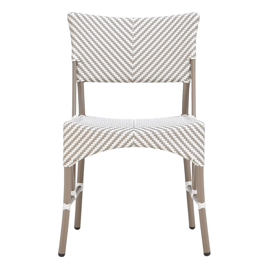 Front view of the Panini Side Chair, featuring a beige and white chevron seat and backrest with light brown metal legs in Palladium Limestone finish.
