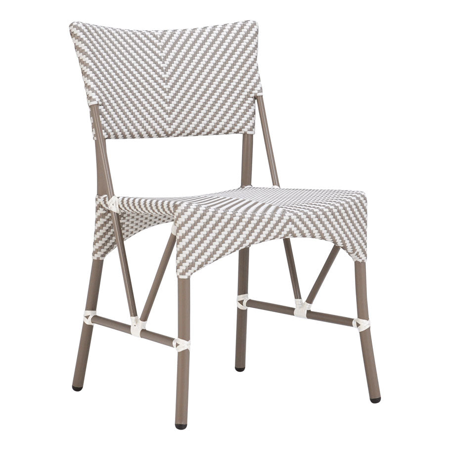 The Panini Side Chair features a chevron-patterned woven seat in light brown and white, plus a sturdy metal frame and arched seat support.