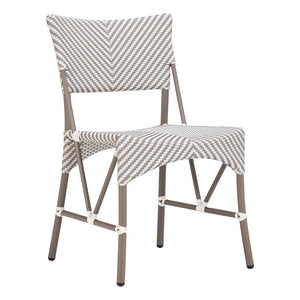 The Panini Side Chair features a chevron-patterned woven seat in light brown and white, plus a sturdy metal frame and arched seat support.