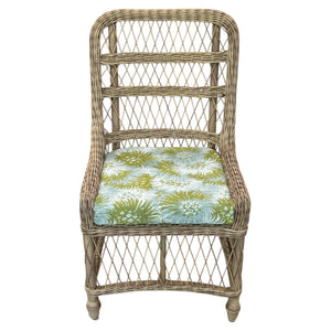 Outdoor Lemonade Chair in Bimini Moss features an open weave lattice with a diamond-patterned back and sides, plus a blue and green floral cushioned seat for added elegance and charm.