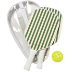 The SUNNYLiFE Pickle Ball Set in Olive includes two green and white striped paddles with soft foam handles, a yellow perforated ball, and a clear carrying case—ideal for fun on the go.